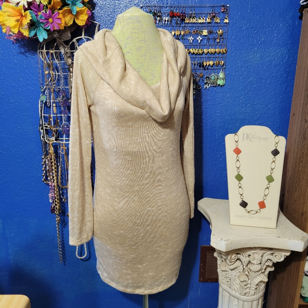 Charming Charlie, Gold, Cowl Neck Sweater Dress, Fully Lined, Size S